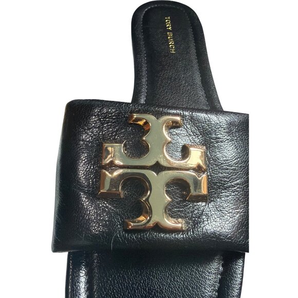 Tory Burch Eleanor Leather Slides Gold Hardware Black Size 6.5 - Picture 11 of 16